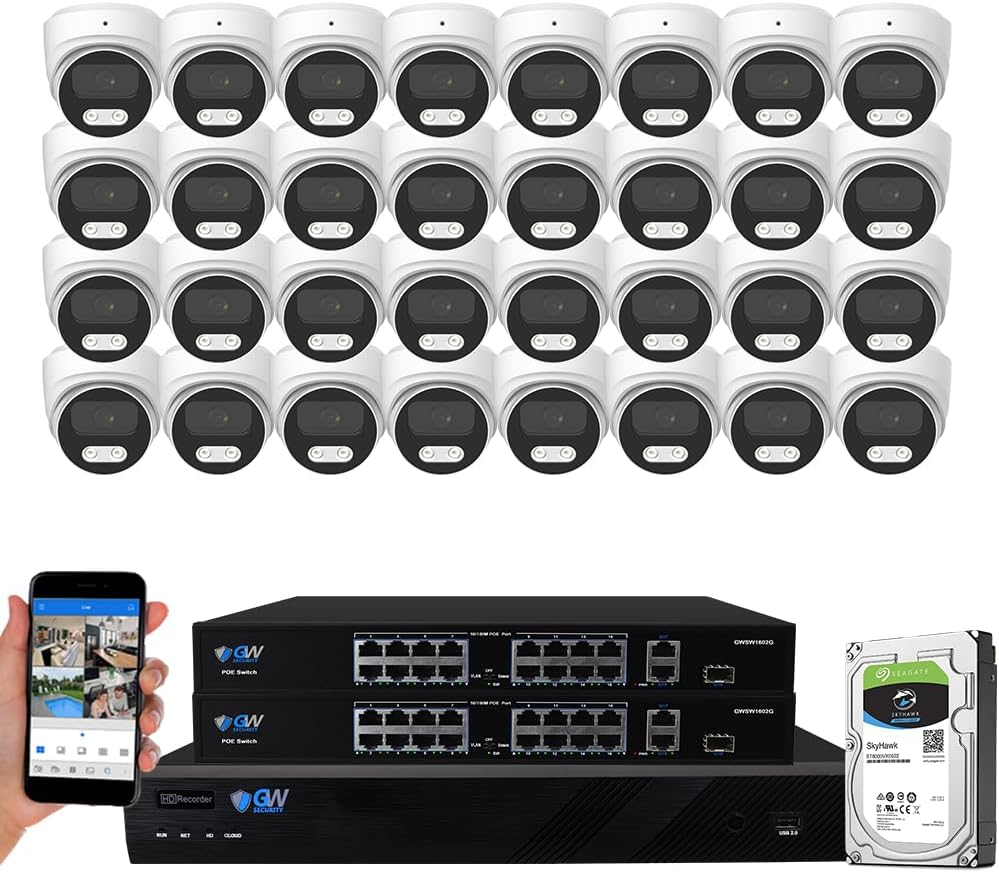 GW Security 32 Channel 12MP NVR 4K Security Camera System with 32 x 8MP PoE Spotlight Color Night Vision Outdoor/Indoor Microphone Dome Cameras, Smart AI Human/Vehicle Detection