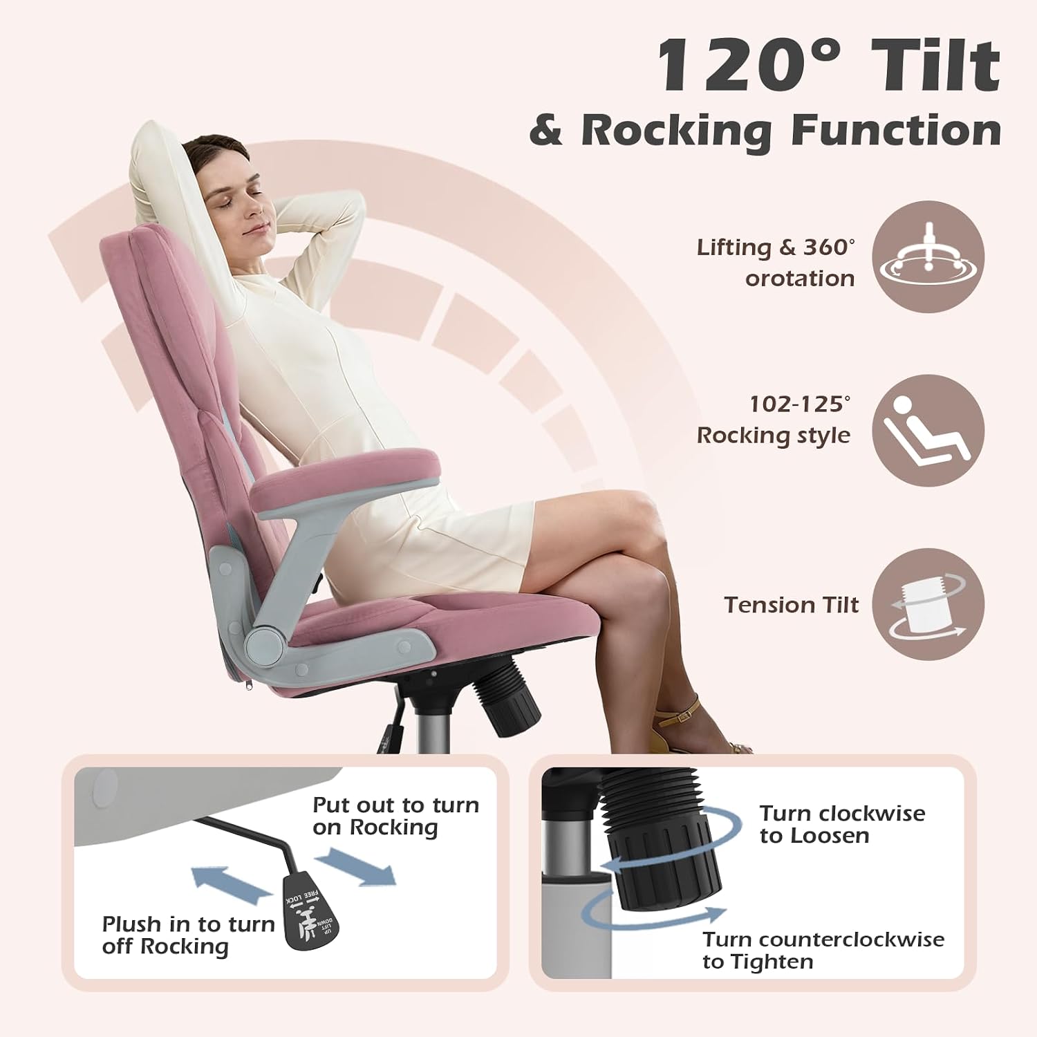 SEATZONE Rose Home Desk Office Chair with Arms and Wheels, Comfortable Executive Computer Chair, Breathable Mesh and Velvet Fabric Swivel Task Chairs for Women&Girls