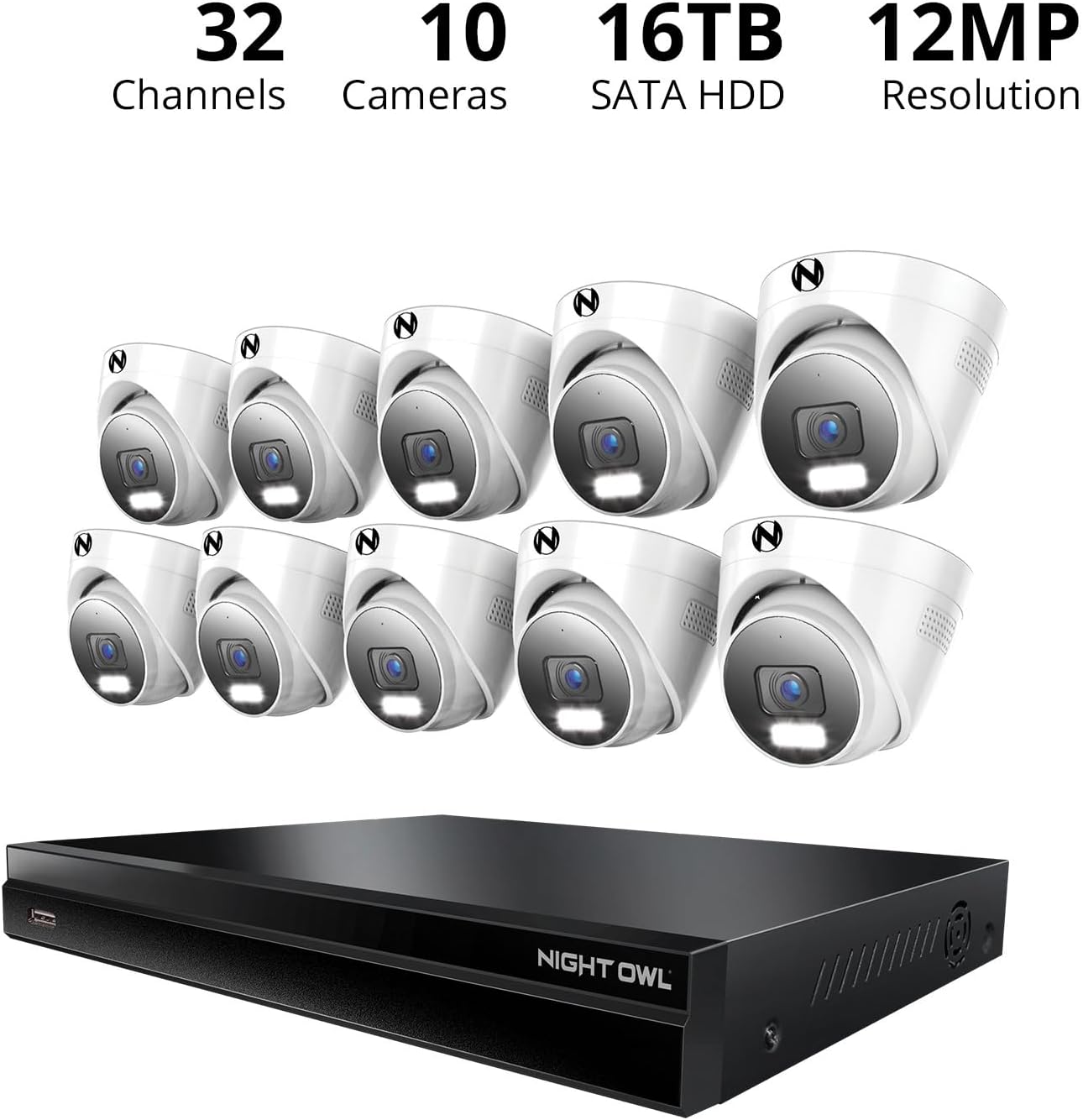 Night Owl 2-Way Audio 32 Channel 12MP NVR with 16TB HDD and 10 Wired IP 12MP Deterrence Dome Cameras