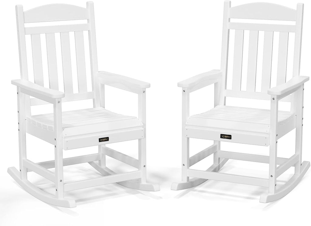 VINGLI Outdoor Rocking Chair Set of 2, Patio Rocking Chair with Higher Backrest, Outdoor Rocker with Comfortable Seat, All Weather Rocking Chair for Garden, Yard, Balcony, White