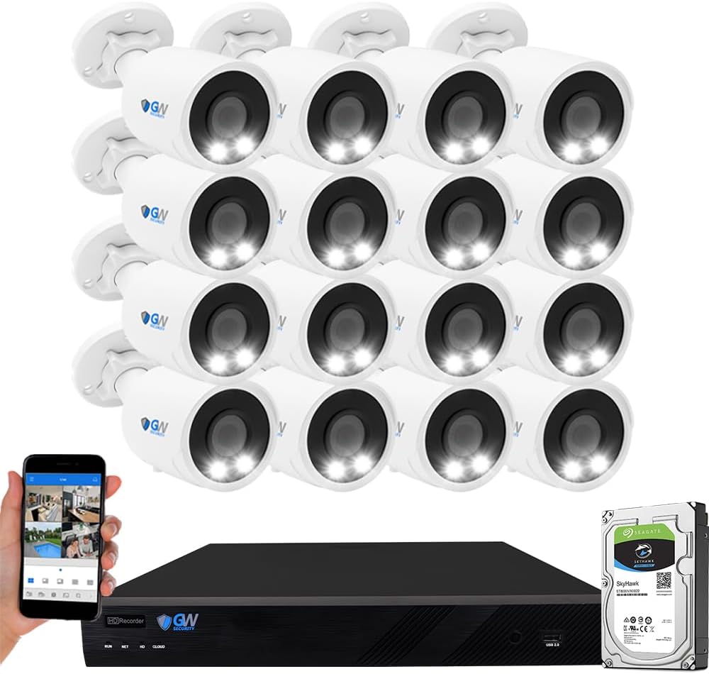 GW 4K Outdoor/Indoor Face Recognition/Human/Vehicle Detection AI Security Camera System, 16 Channel 12MP PoE NVR, 16 x 4K UltraHD Smart AI IP Microphone Bullet Camera, 24-7 Video & Audio Recording