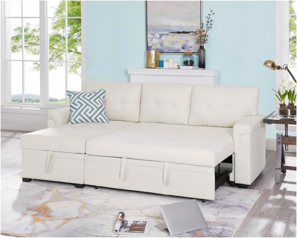 Naomi Home L Shaped Sectional Couch with Storage & Pull Out Bed – 3-in-1 Convertible Sleeper Sofa Bed, Small L Shape Sofa for Living Room, Sofa Bed with Storage Chaise in Cream, Velvet