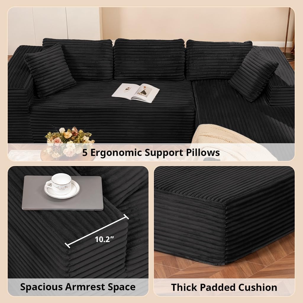 COMHOMA 105'Modular Sectional Sofa with Deep Seat,Cloud Upholstered L-Shape Couch Wide Arms Corduroy Fabric High-Density Foam Chaise Lounge for Living Room No Assembly Required