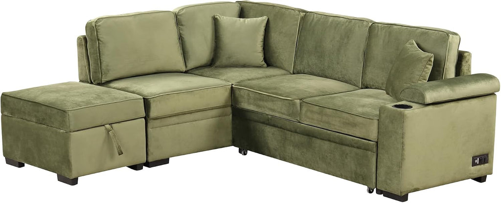 LUMISOL 87' Convertible Sleeper Sofa with Storage Ottoman, L-Shaped Sofa Bed with Cup Holder & USB Charging Stations, Pull Out Sofa Couch with Chaise for Living Room, Green