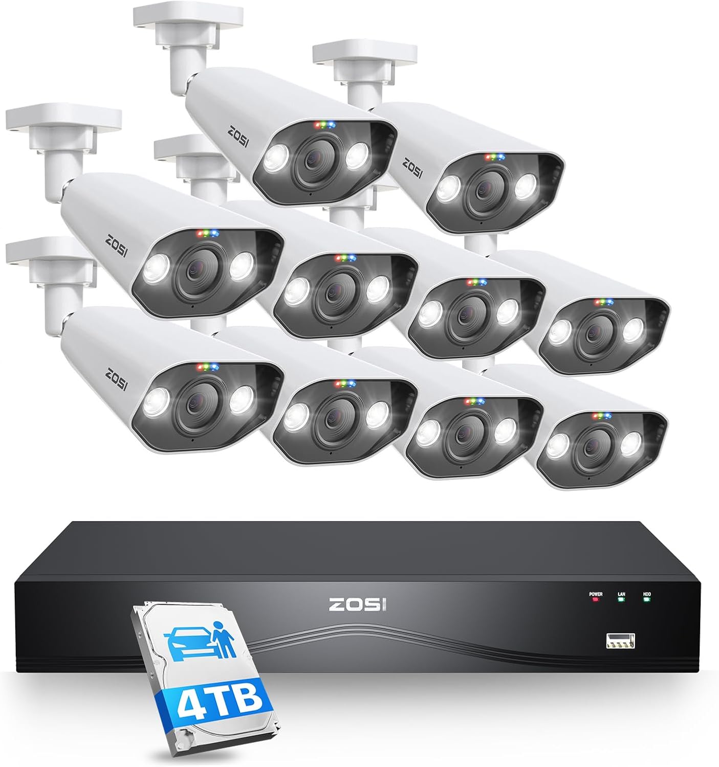 ZOSI 24CH 4K PoE Security Camera System, 10pcs 4K Outdoor PoE Wired Cameras, Face/Person/Vehicle Detection, 2 Way Talk, Spotlight Siren, 16 Port 24CH 8MP Dual-Disk NVR with 4TB HDD for 24/7 Recording