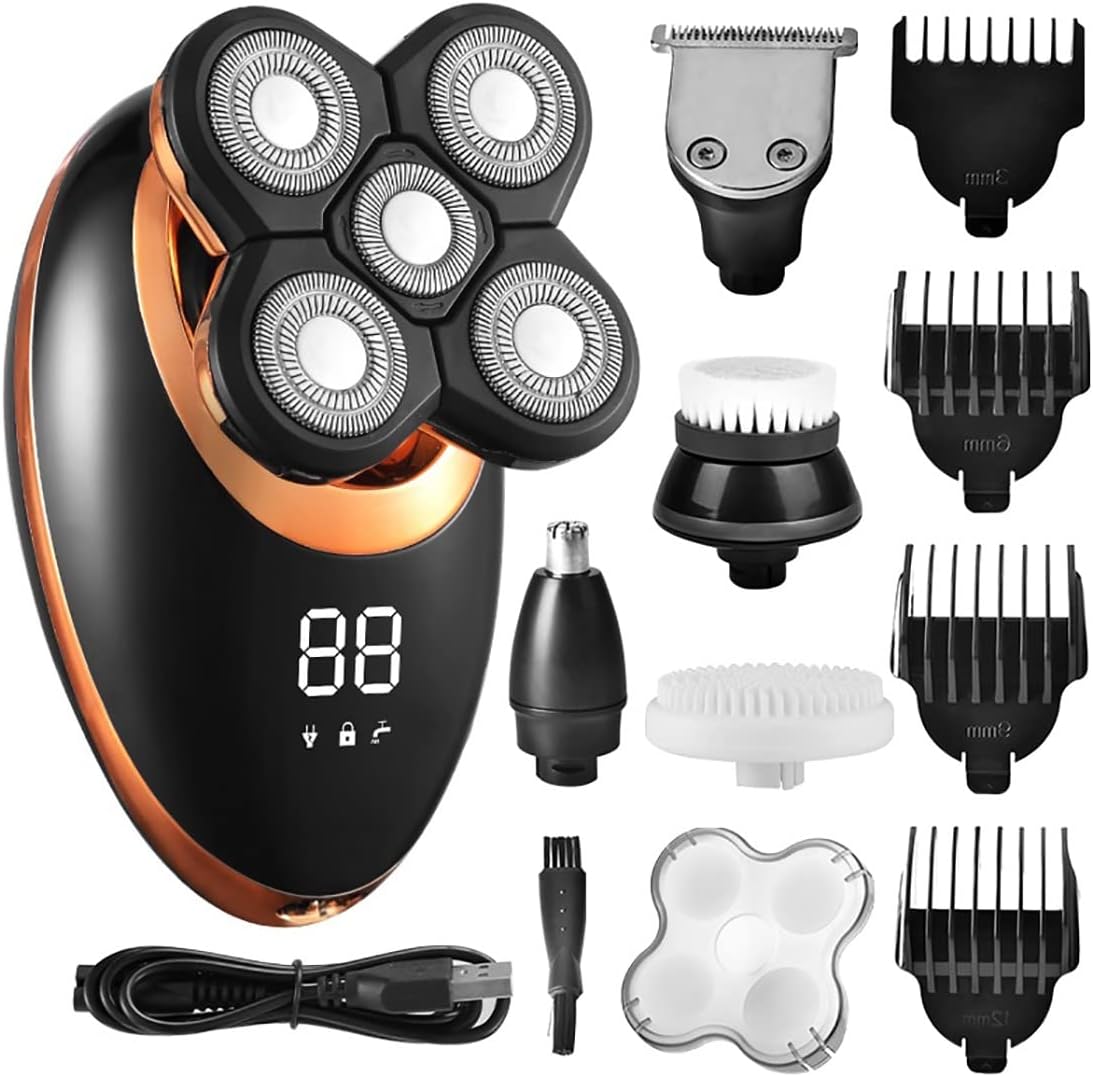 Electric Razor for Men, 5 in 1 Electric Shaver for Men Beard Hair Trimmer Electric Razor 5D Floating Five Blade Heads Electric Nose Hair Trimmer LCD Display ( Color : Golden )