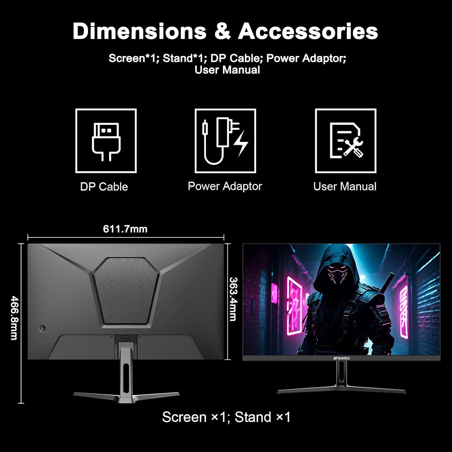 SANSUI 27 Inch WQHD 2560 x 1440 IPS Gaming Monitor, 200Hz 180Hz 1ms Computer Monitor, DP 1.2 x2 | HDMI 2.0 x2 | VESA Mount, 120% sRGB HDR Eye Care Metal Stand (DP Cable Included)