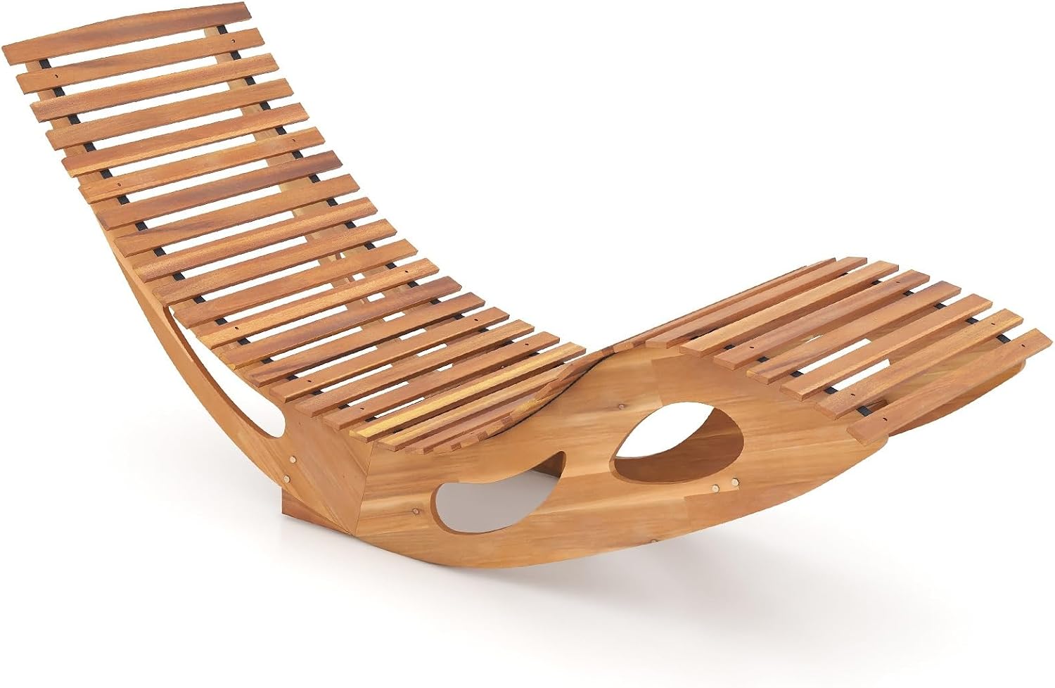 RELAX4LIFE Rocking Chaise Lounge Chair - Acacia Wood Sun Lounger w/Slatted Seat & Bottom Stopper, Indoor Outdoor Rocker for Pool Porch Patio, 350LBS Capacity, Wooden Rocking Lounge Chair (1, 23.5'')
