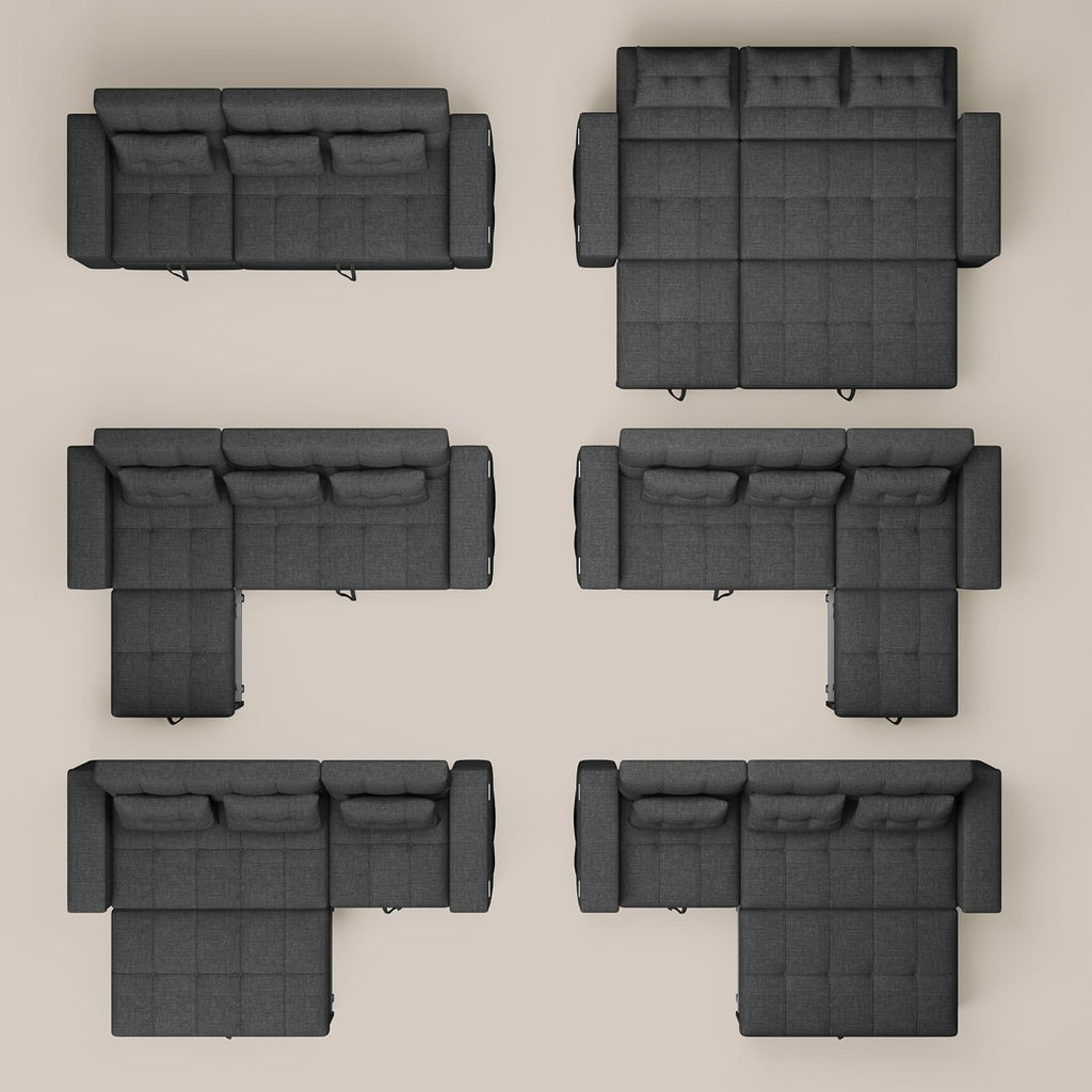 Ahomly 87' Convertible Sofa Bed – Space-Saving Sleeper with Pull-Out Design, Adjustable Backrest, Wide Armrests with Storage, Plush Cushions, Cozy for Small Spaces (Dark Grey)