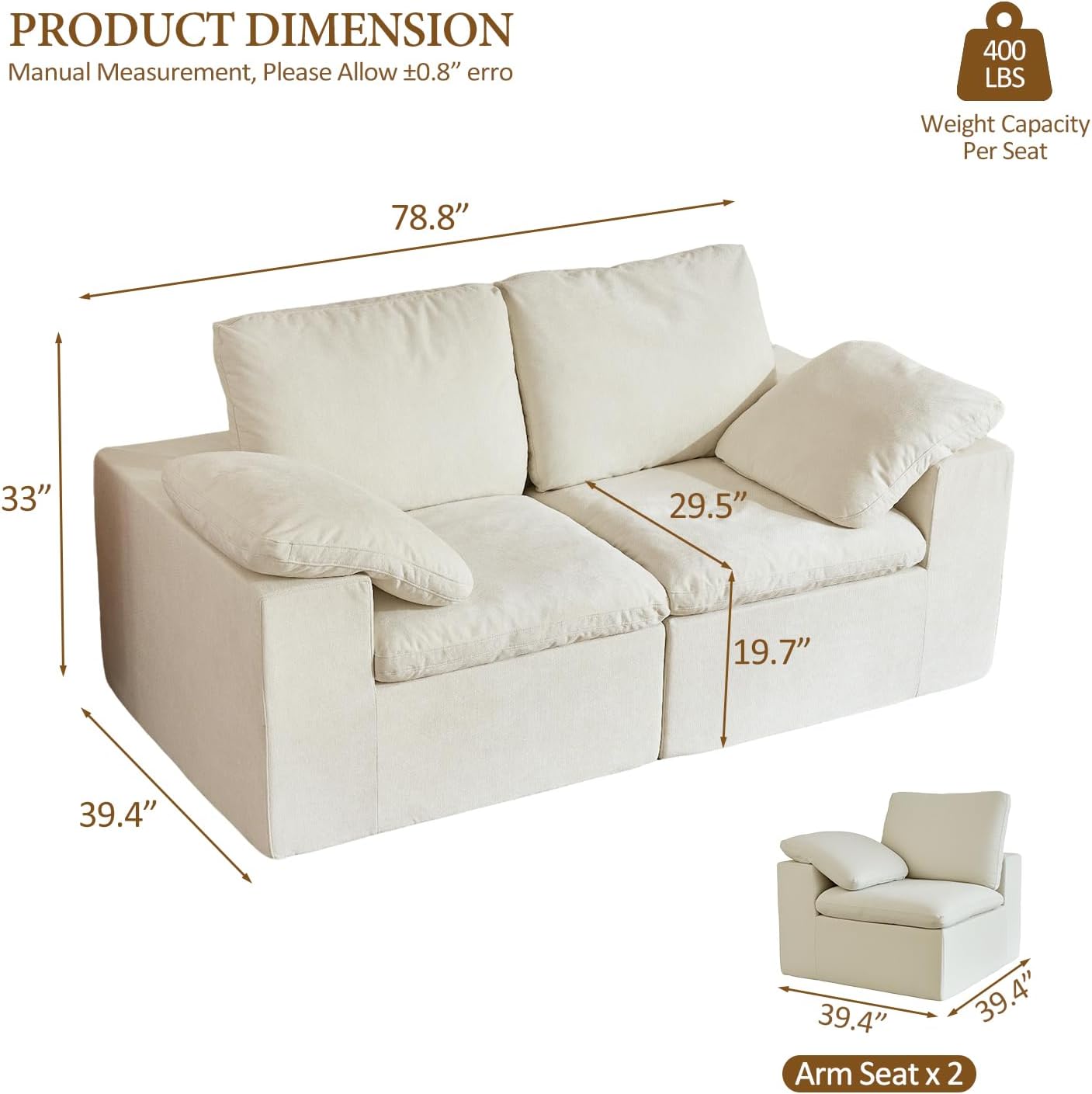 ANONER 78' Loveseat Sofa, Deep Seats, Cloud Sectional Couches for Living Room, 2 Seater Boneless Couch, Modern Modular Loveseats, No Assembly, Beige