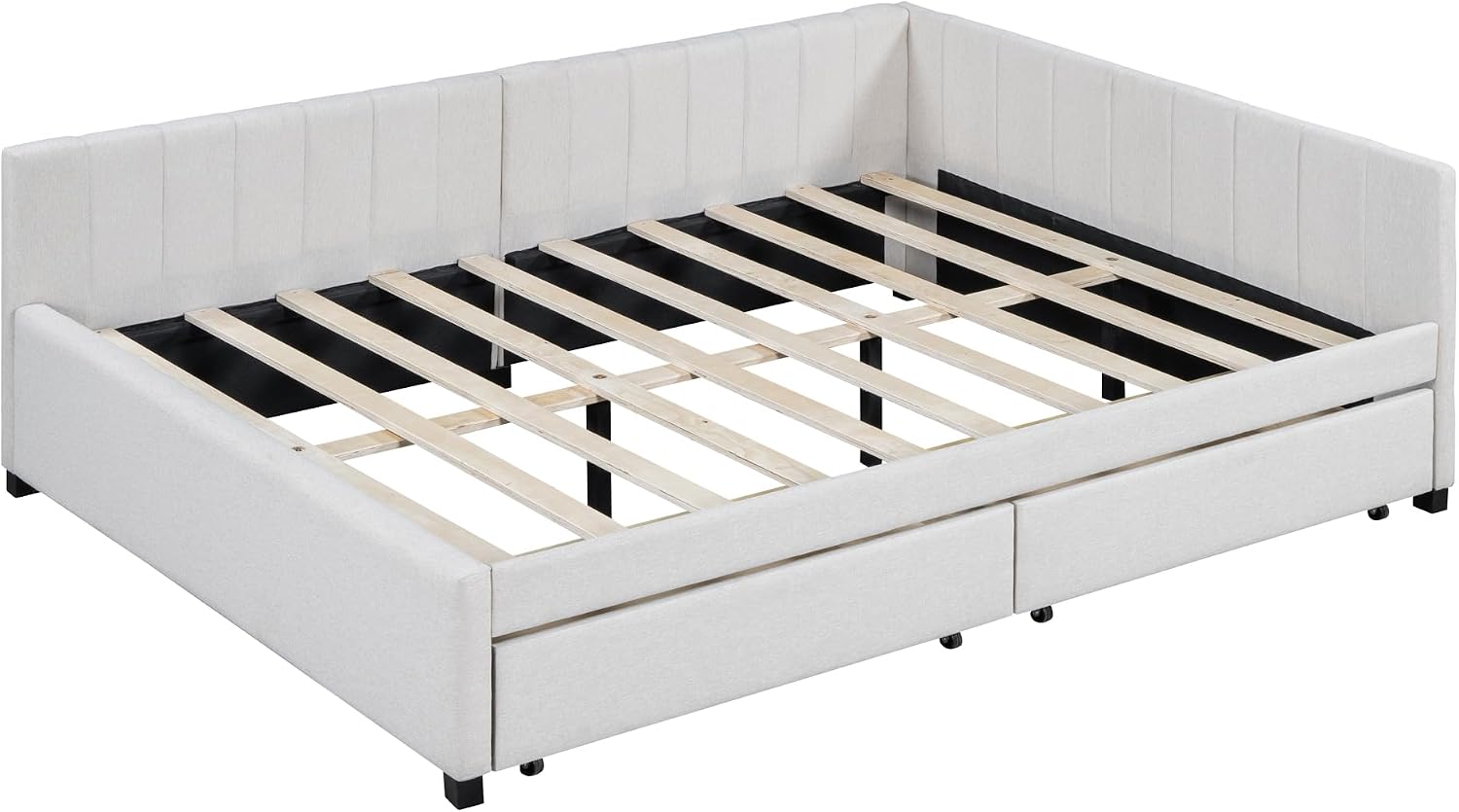 Merax Upholstered Daybed with 2 Storage Drawers, Beige Linen Full Size Sofa Bed Frame, No Box Spring Needed
