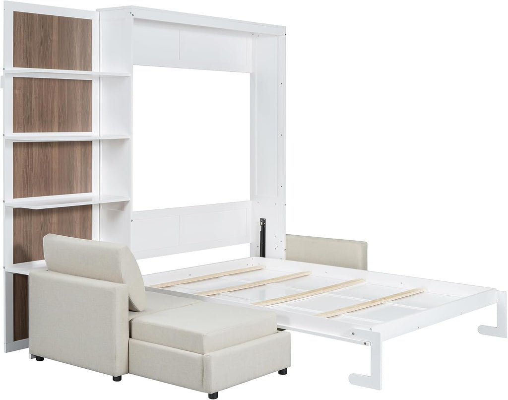 Harper & Bright Designs Queen Size Murphy Bed, Wood Queen Wall Bed with Sofa and Shelves, White