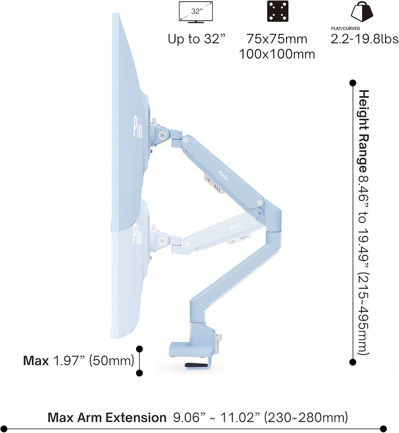 Pixio PX275 Wave Blue 27 inch 100Hz Refresh Rate QHD 1440p Resolution IPS Panel 1ms MPRT Response Time Gaming Monitor and PS1S Wave Blue Single Monitor Arm - Fits up to 32 inches and 19.8lbs