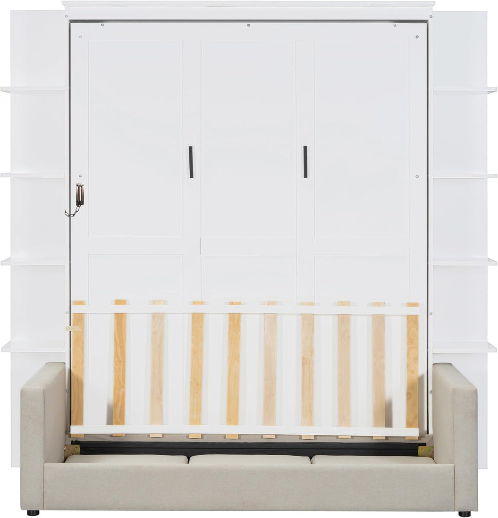 Merax Queen Size Murphy with Sofa and Shelves for Bedroom or Guestroom Wall Bed Space Saving Hidden Bed,No Need Fix to The Wall,Gray