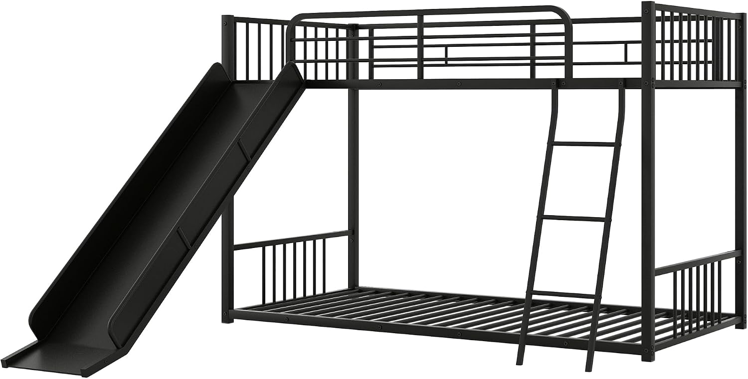 Harper & Bright Designs Twin Size Kids Low Bunk Bed with Slide and Ladder, Twin Metal Floor Bunk Bed Frame for Kids Teens, No Box Spring Needed (Black)
