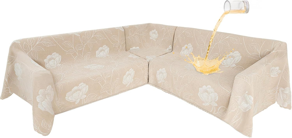 1OO% Waterproof Sectional Couch Covers for Dogs L Shaped Corner Sofa Cover Washable Chenille Sofa Slipcovers Blanket Modern Jacquard Pet Furniture Protector (91'x252', Beige Flower)