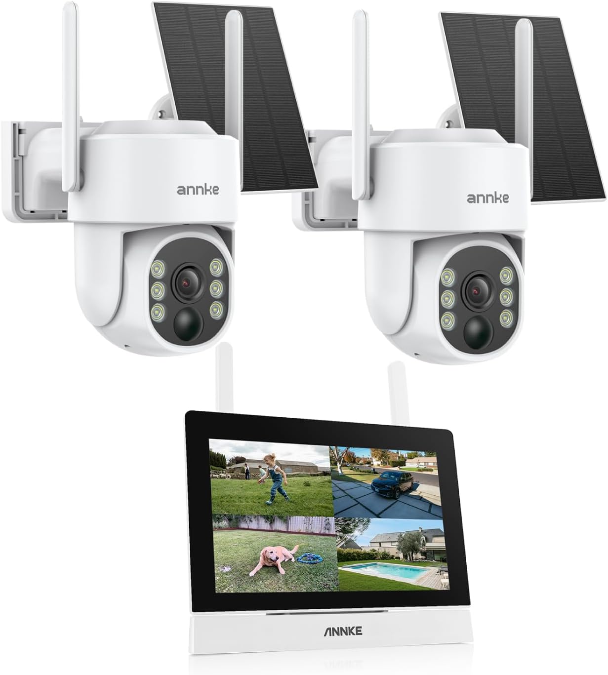 ANNKE Wireless Security Solar Camera System with 7'' IPS Touch Screen, 2 X 4MP Camera Equipped with Solar Panels, Human Detection, 360°Pan & Tilt, 2-Way Audio