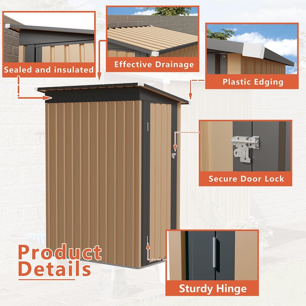 5×3 FT Metal Outdoor Lean-to Storage Shed, Galvanized Steel Garden Tool Shed with Sloping Roof, Lockable Door, Weather-Resistant Backyard Storage for Trash Cans, Bikes & Patio Equipment