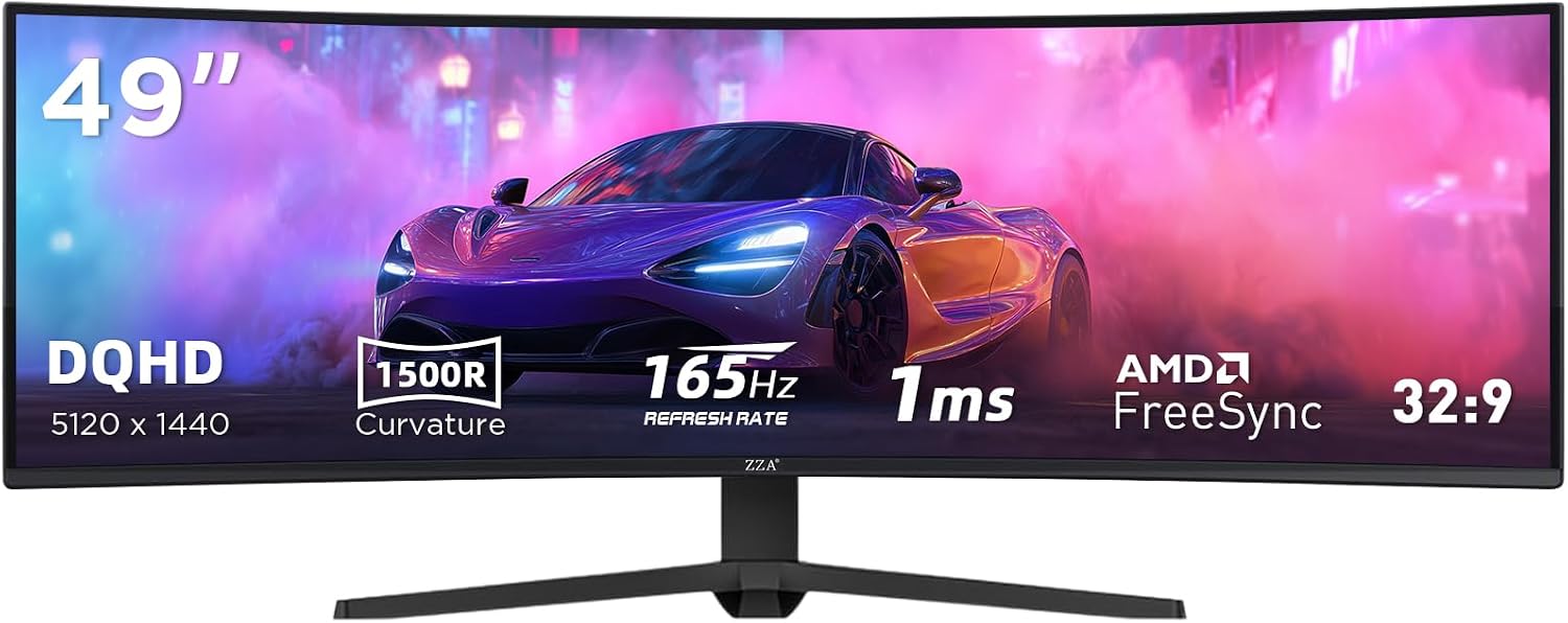 49 Inch Ultrawide Curved Gaming Monitor, 5K Display Dual QHD 5120x1440, 165Hz 1ms, 1500R VA Large Curved Monitor for Mac & Work, with FreeSync G-Sync Compatible, HDMI/DP Ports, Blue Light Filter, VESA