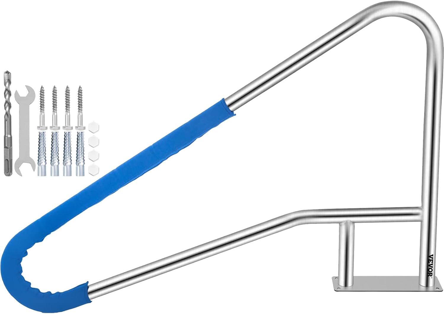 VEVOR Pool Rail 55x32 Pool Railing 304 Stainless Steel 250LBS Load Capacity Silver Rustproof Pool Handrail Humanized Swimming Pool Handrail with Blue Grip Cover & M8 Drill Bit & Self-Taping Screws