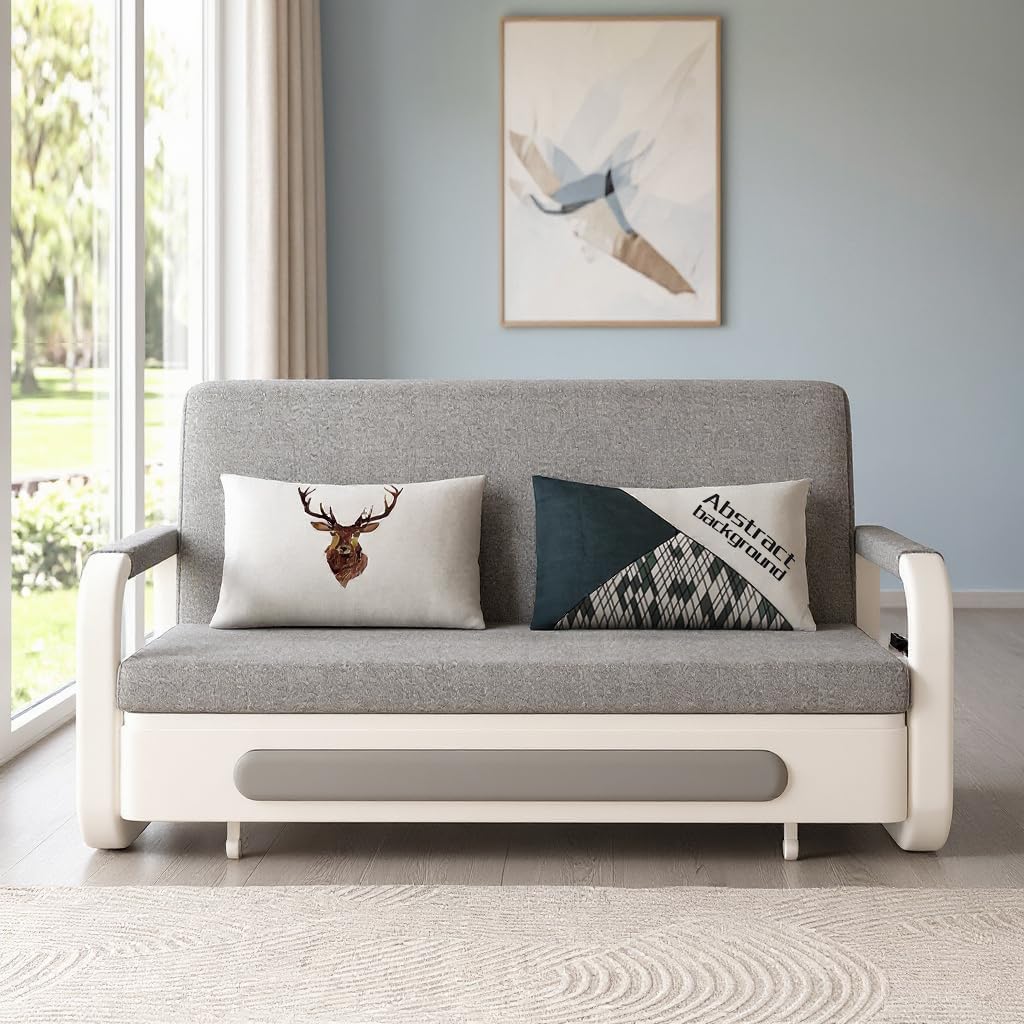 62' Versatile Pull-Out Sofa Bed – Modern Versatile Futon Sleeper Couch, Daybed with Trundle, Perfect for Living Room & RV, Gray/White