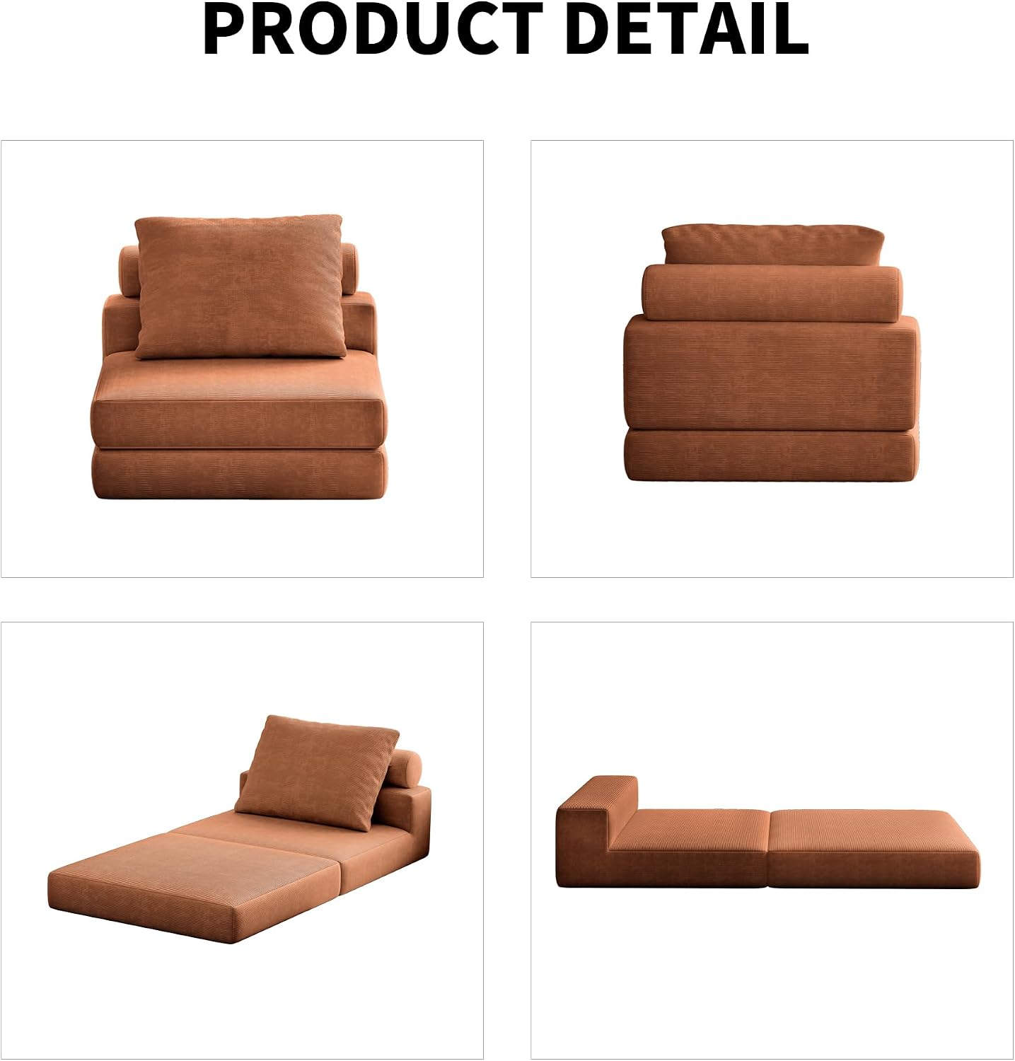 Folding Sofa Bed, 3-in-1 Convertible Sleeper Chair Bed with Pillows, Foldable Floor Couch with High-Density Foam, Futon Small Boneless Couch for Living Room Bedroom Lounge, Single, Brown