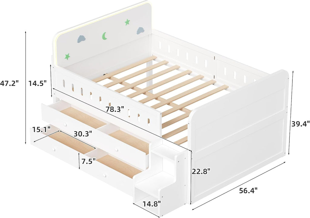 Harper & Bright Designs Kids Full Bed Frame with Drawers and LED Headboard,Wood Montessori Floor Platform Bed with 2-Steps Stairs and Safety Guardrails for Boys Girls,Space Saving,White