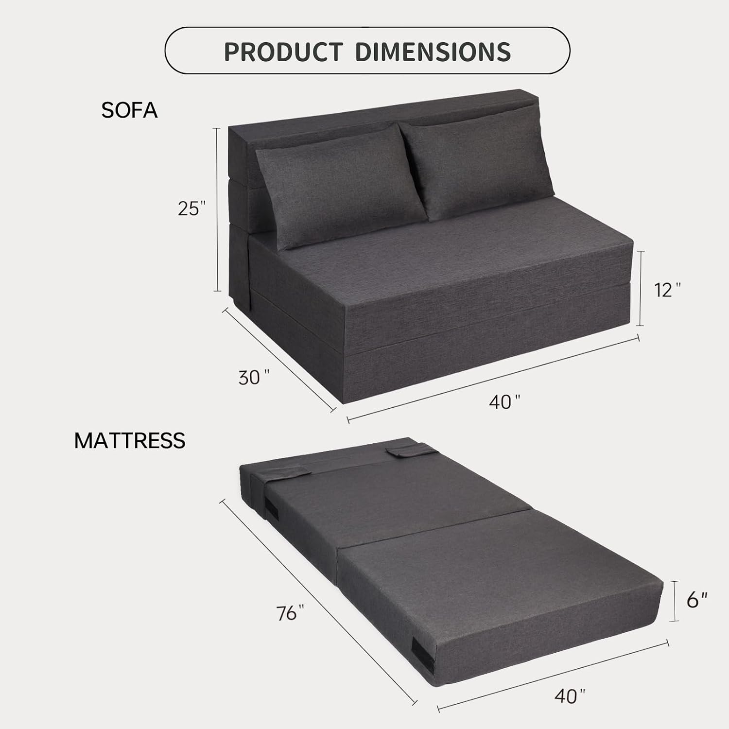 Fvkind Folding Sofa Bed, Foldable Bed Sleeper Chair with Pillow, Convertible Sofa Bed with Washable Cover, Fold Out Couch, Futon Sofa Bed for Living Room, Dorm, Guest Room, Standard Size, Dark Grey