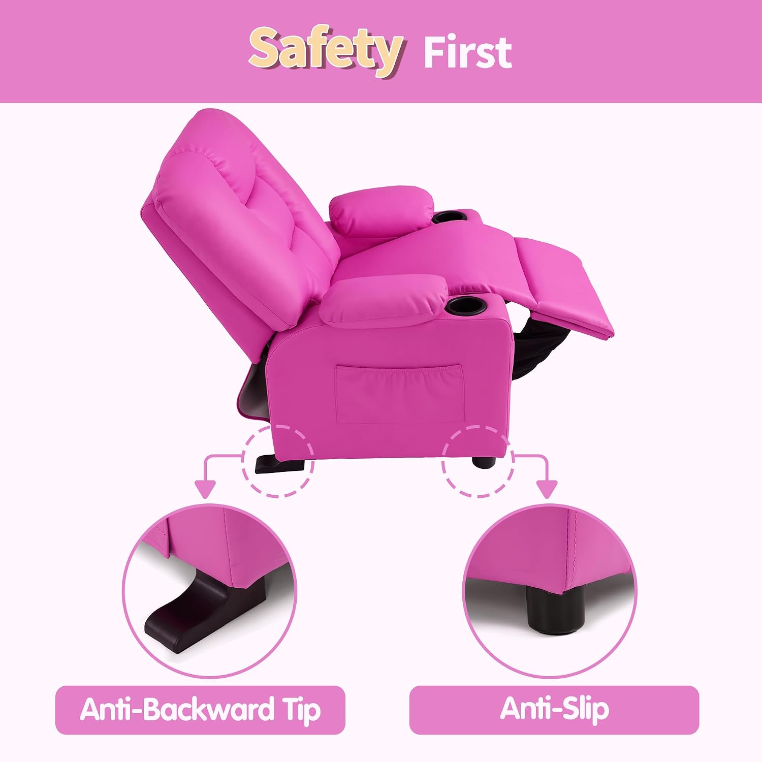 MCombo Big Kids Recliner for Ages 3+, Child Reclining Chair, Toddlers Recliner Sofa with Cup Holders, Faux Leather, 7322(Pink)