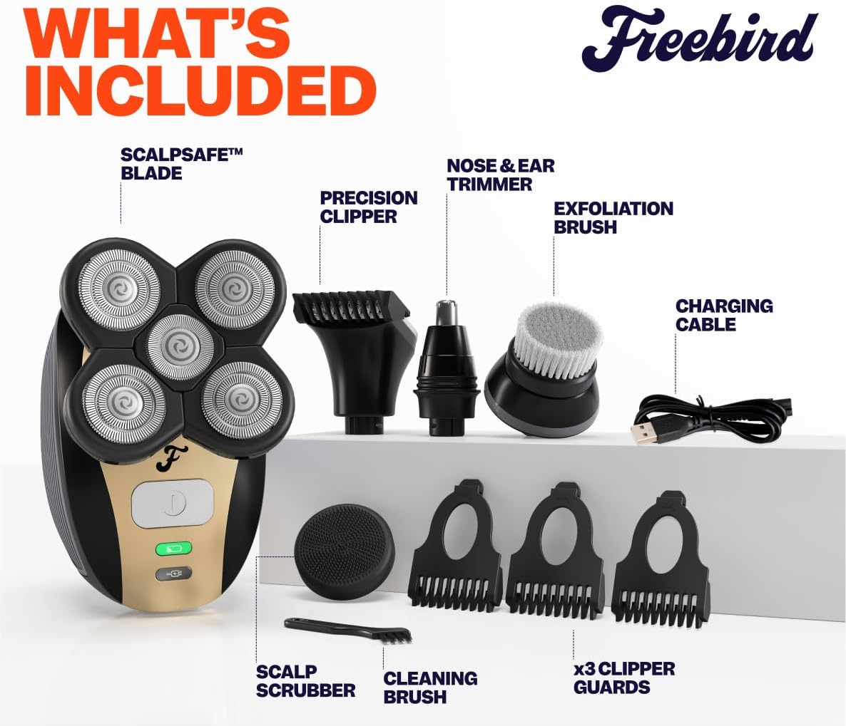 Freebird FlexSeries™ Shaver and Blade - Fast, Smooth, Water-Resistant Electric Head Shaver with 5 Flexible Blades, USB Rechargeable, Ideal for Bald Men and Women