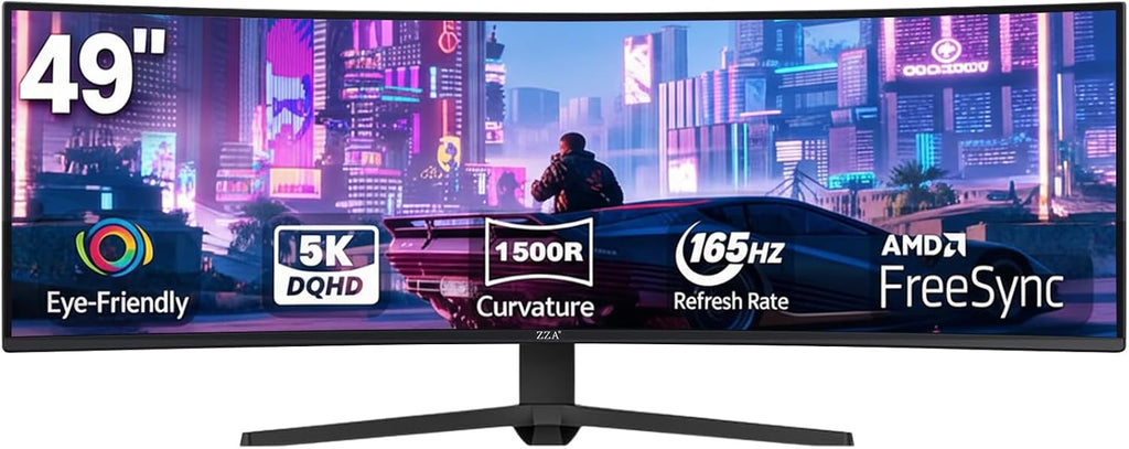 ZZA 49' Curved Gaming Monitor, 5K UHD (5120x 1440) VA Display, 1500R Immersion, 165Hz Refresh Rate, Advanced Computer Screen, Supports AMD FreeSync Premium, 120% sRGB Color Gamut,HDMI 2.0/DP1.4