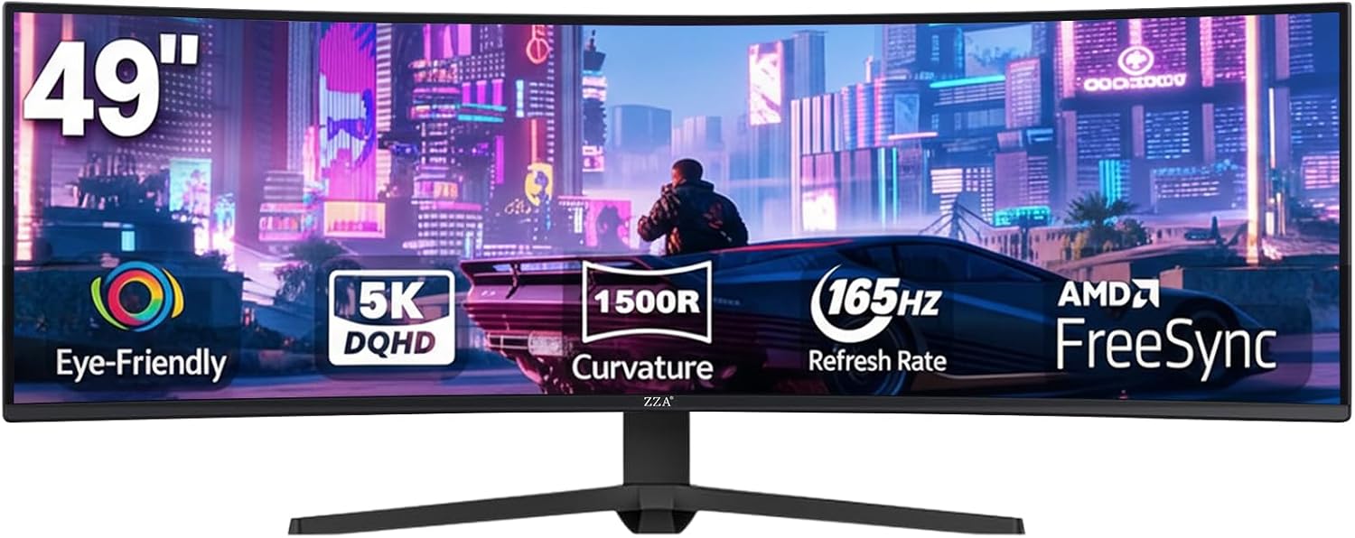 ZZA 49' Curved Gaming Monitor, 5K UHD (5120x 1440) VA Display, 1500R Immersion, 165Hz Refresh Rate, Advanced Computer Screen, Supports AMD FreeSync Premium, 120% sRGB Color Gamut,HDMI 2.0/DP1.4
