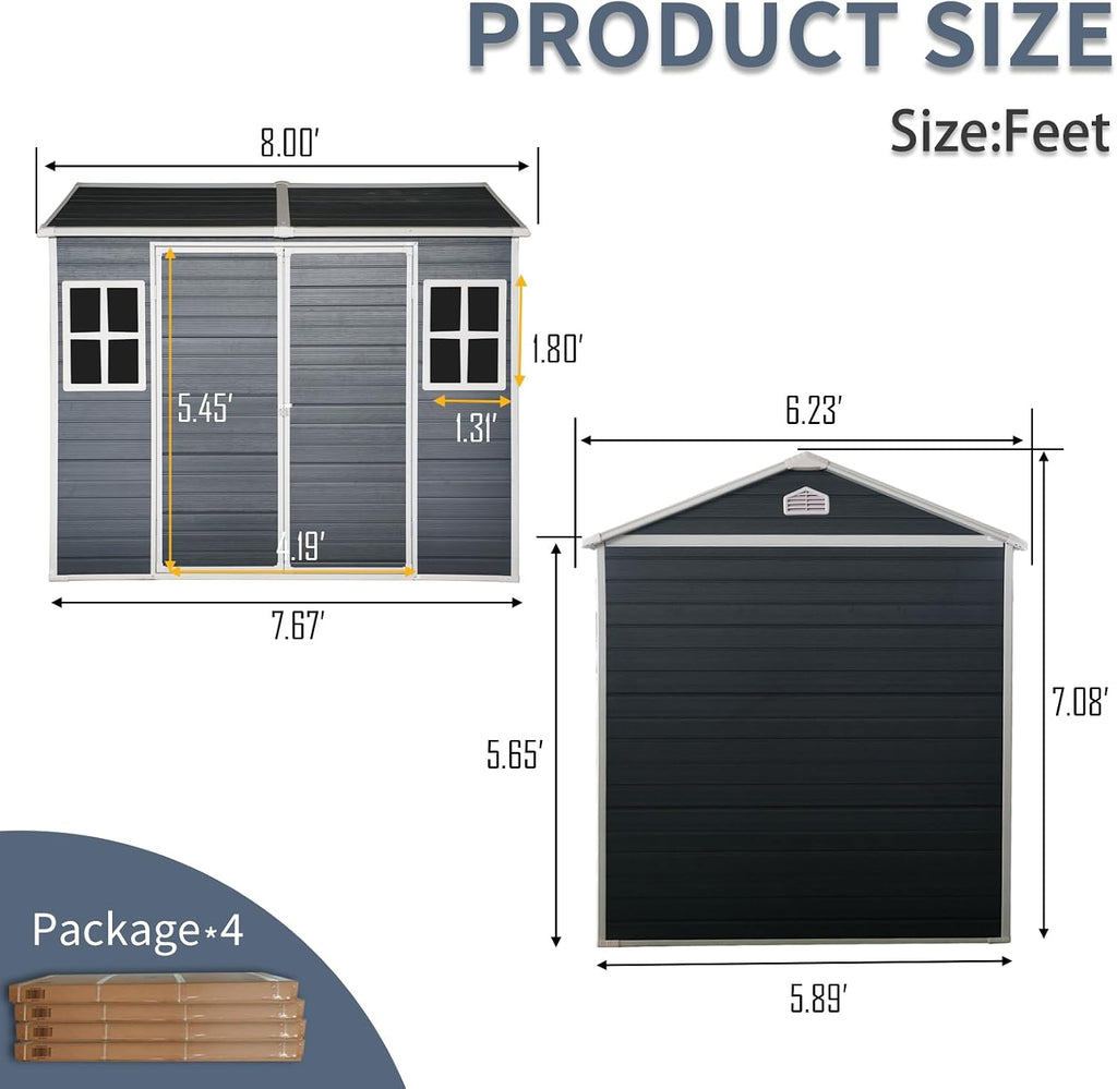 Ball & Cast 6x8 FT Outdoor Storage Shed,Multi-Wall Resin Panels Garden Tool House with 2 Window and Floor,Waterproof Cabinet W/Sloping Roof & Double Doors,Shelter for Patio,Lawn,Black