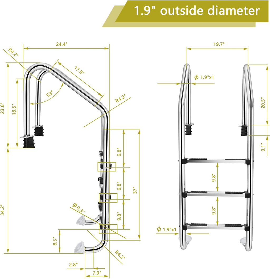 Goplus Swimming Pool Ladder, 3-Step/4-Step In-Ground Stainless Steel Step for Indoor/Outdoor Pool, Heavy Duty Non-Slip Ladder, Easy Assembly (3-Step)