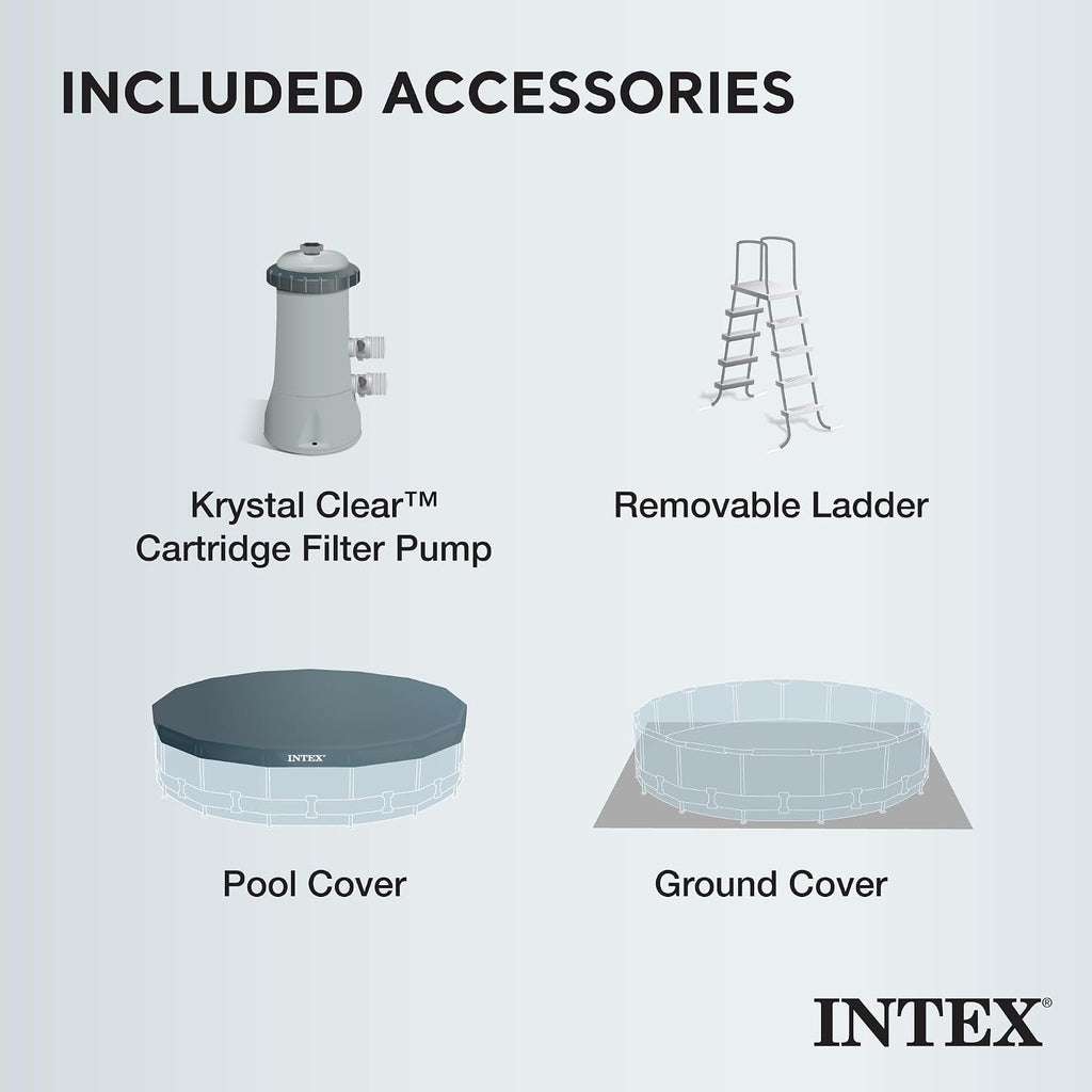 Intex Prism Frame 15' x 48' Above Ground Swimming Pool Set with Filter Pump, Ladder, Pool Cover, and Maintenance Pool Cleaning Kit with Vacuum Skimmer