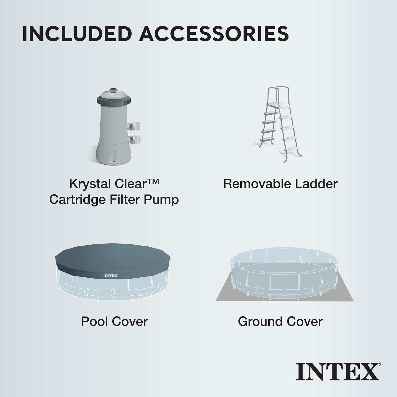 Intex Prism Frame 15' x 48' Above Ground Swimming Pool Set with Filter Pump, Ladder, Pool Cover, and Maintenance Pool Cleaning Kit with Vacuum Skimmer
