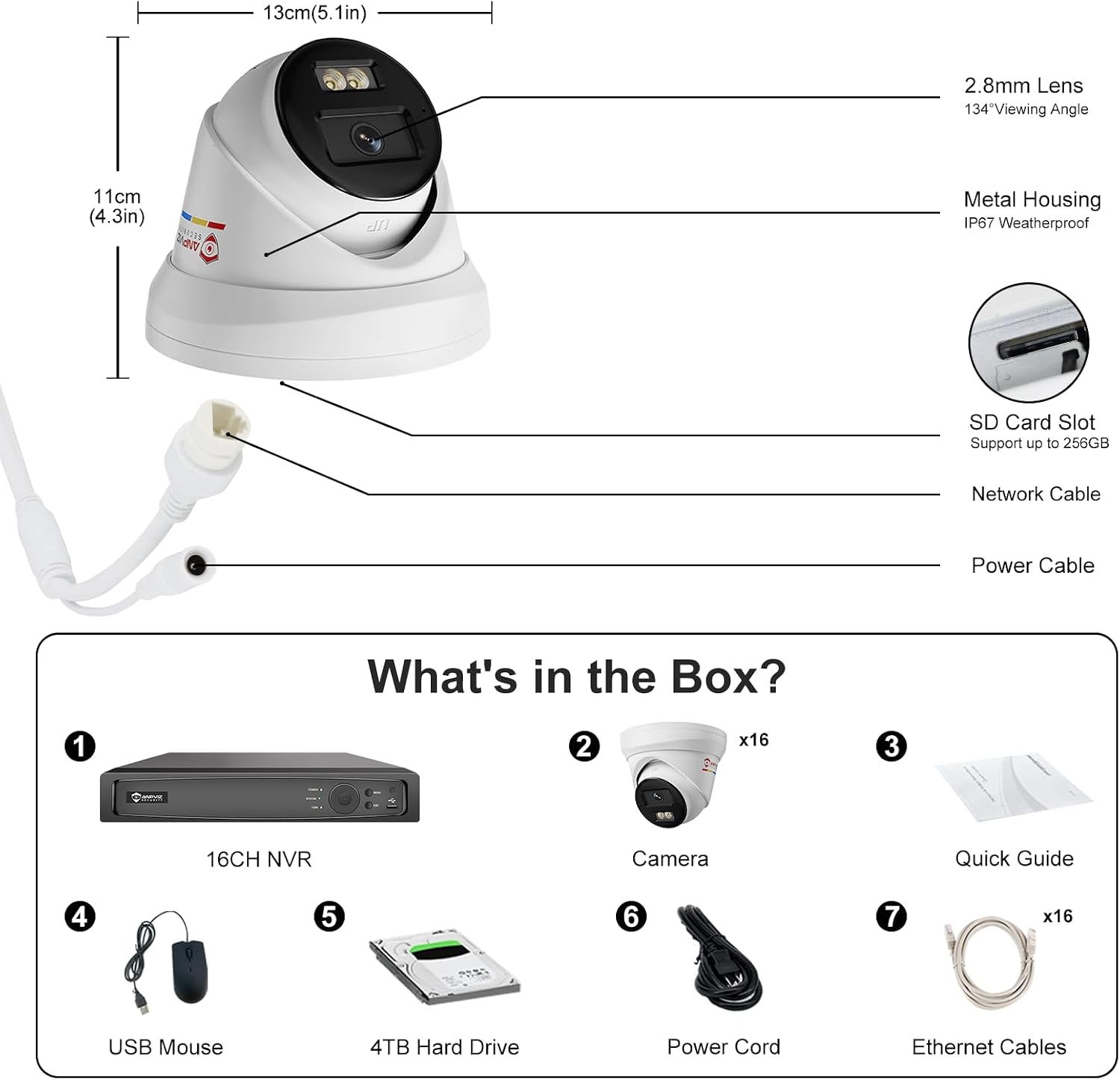 Anpviz 4K 16CH PoE Security Camera System, Smart Color Night Vision, 8X H.265+ Wired 8MP IP Cameras Outdoor with Mic, Human Vehicle Detection, 4TB HDD 16 Channel 12MP NVR, 24/7 Recording(H Series)