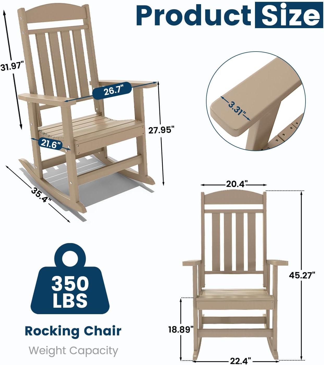 FOOWIN Outdoor Rocking Chair Set of 6, High Back Patio Rocking Chair, HDPE All Weather Resistant Porch Rocker for Adult, Oversized Rocking Chairs for Garden, Lawn, Indoor & Outdoor Use, Brown