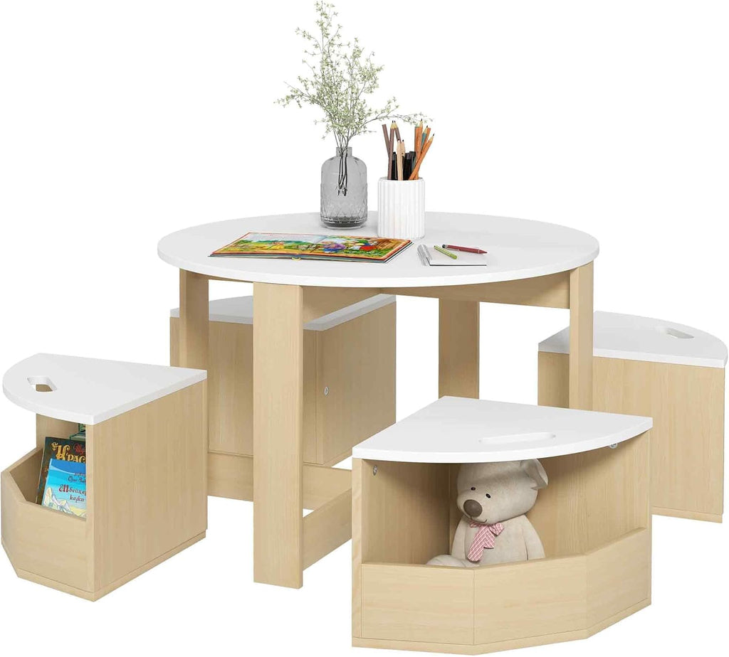 Qaba Toddler Table and Chairs Set, 5 Pieces Round Kids Activity Table with Storage for Play, Art, Craft, Drawing, Playroom, Classroom, Nursery, White