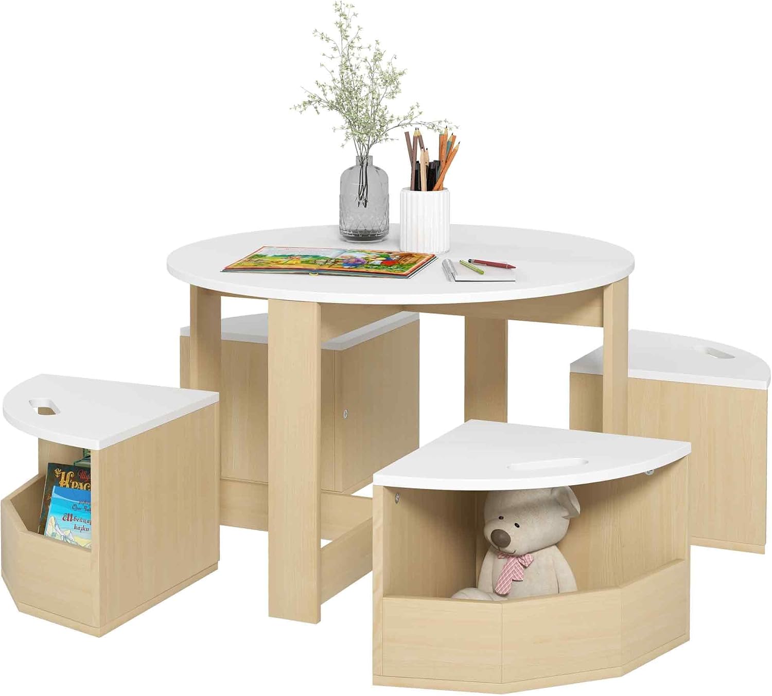 Qaba Toddler Table and Chairs Set, 5 Pieces Round Kids Activity Table with Storage for Play, Art, Craft, Drawing, Playroom, Classroom, Nursery, White