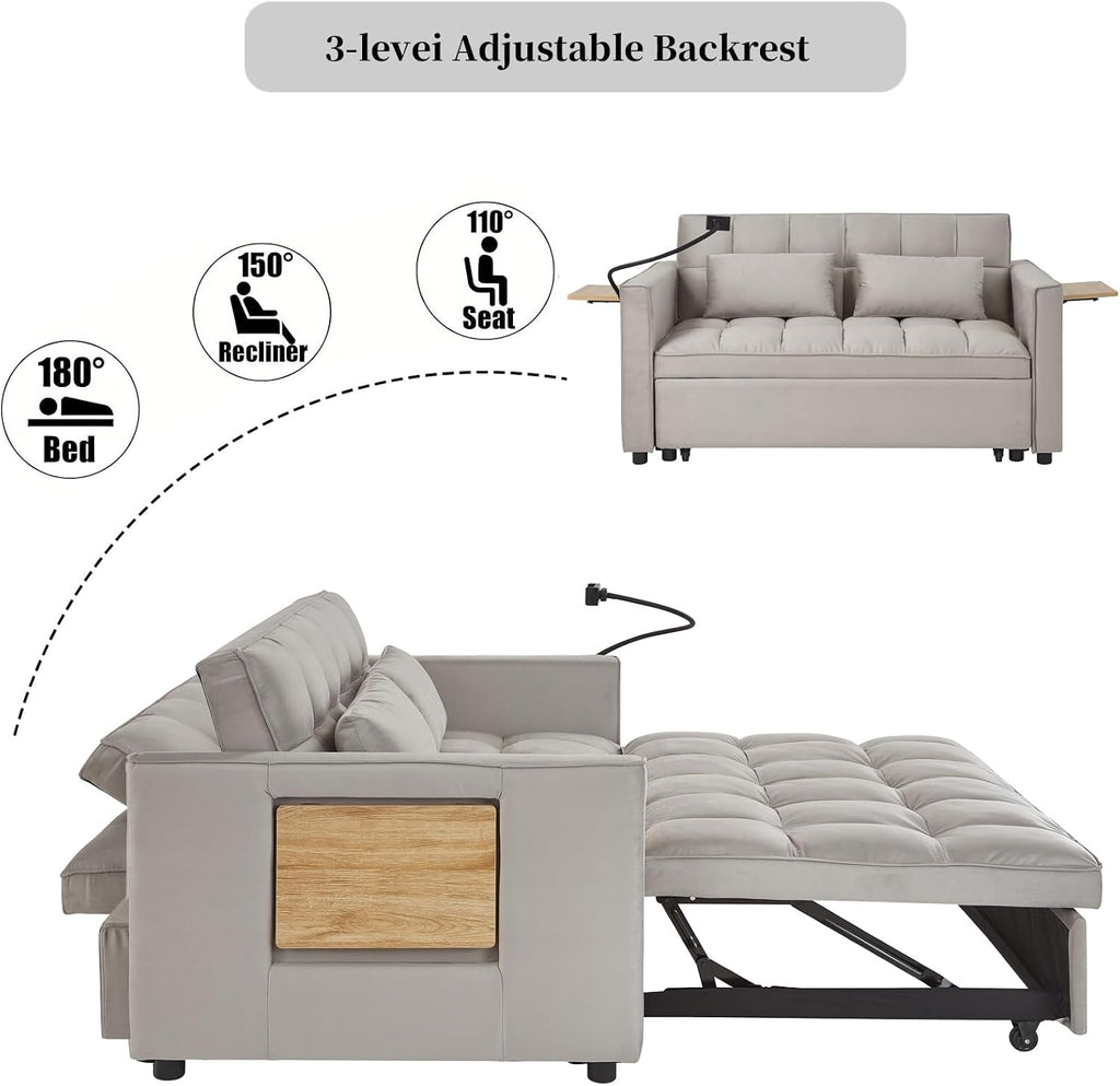Convertible Velvet Sofa Bed with Pull-Out Bed & Side Storage Pockets, Modern Sleeper Sofa for Living Room, Apartment, Small Spaces, and Bedroom (Grey-3)
