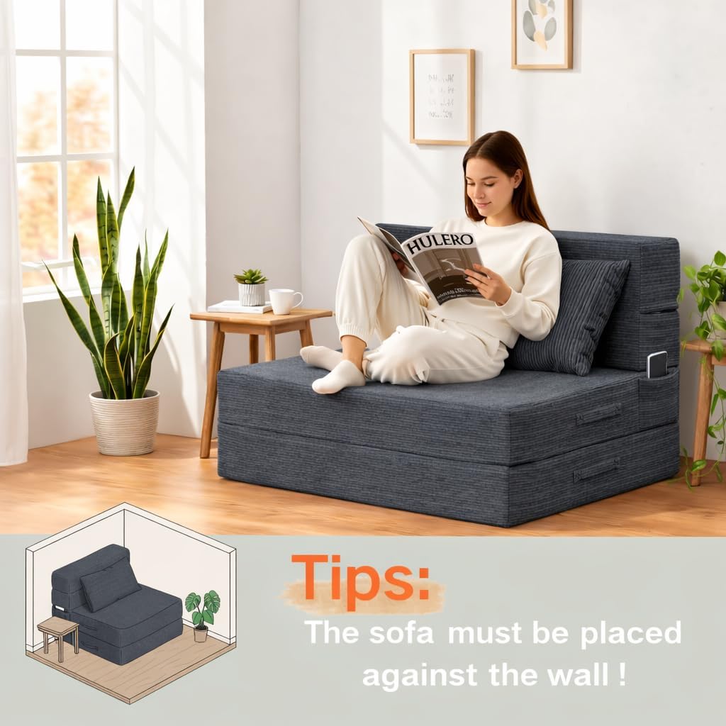 Folding Sofa Bed, 4 in 1 Convertible Sleeper Chair with Pillow, Twin Memory Foam Fold Out Chair Bed, Modern Floor Futon Sofa Couch Mattress for Living Room/Guest/Apartment, Dark Grey