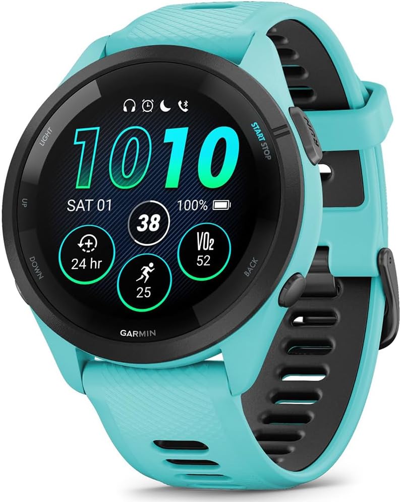 Garmin 010-02810-02 Forerunner 265 GPS Smartwatch Aqua/Black Bundle with Deco Essentials Silicone Dust Cover 3 Pack, Round Tempered Glass Screen Protector and 2 YR CPS Enhanced Protection Pack