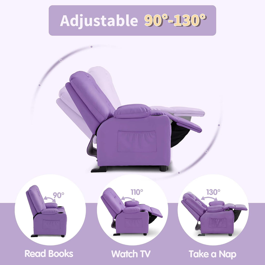 MCombo Big Kids Recliner for Ages 3+, Child Reclining Chair, Toddlers Recliner Sofa with Cup Holders, Faux Leather, 7322(Violet)