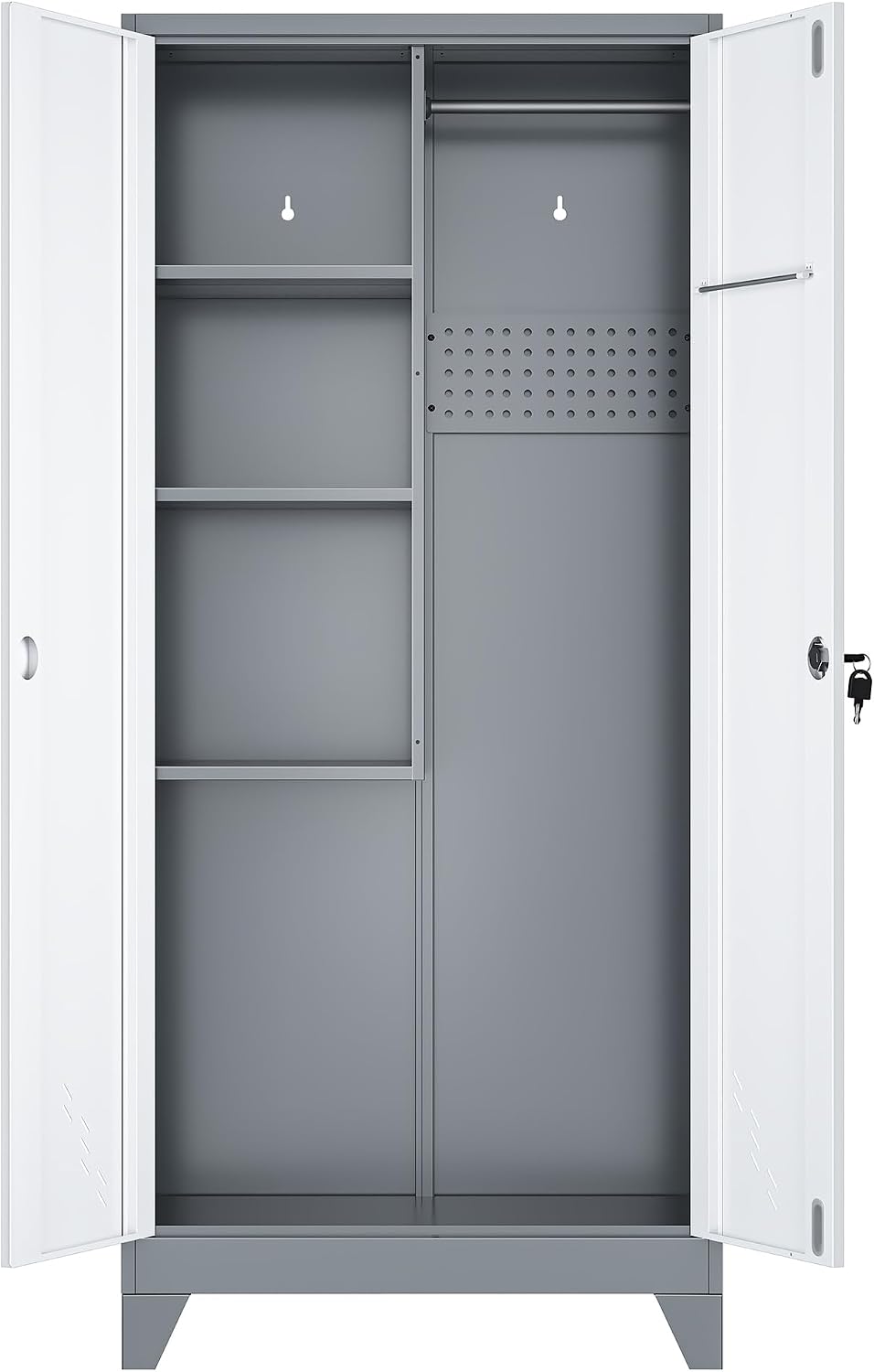 61' Metal Storage Cabinet with Lockable Doors, Cleaning Supply Cabinet with Pegboard and Hanging Rod. Garage Tool Storage Cabinets for Home, Laundry, Office, Home Kitchen Utility Cabinet