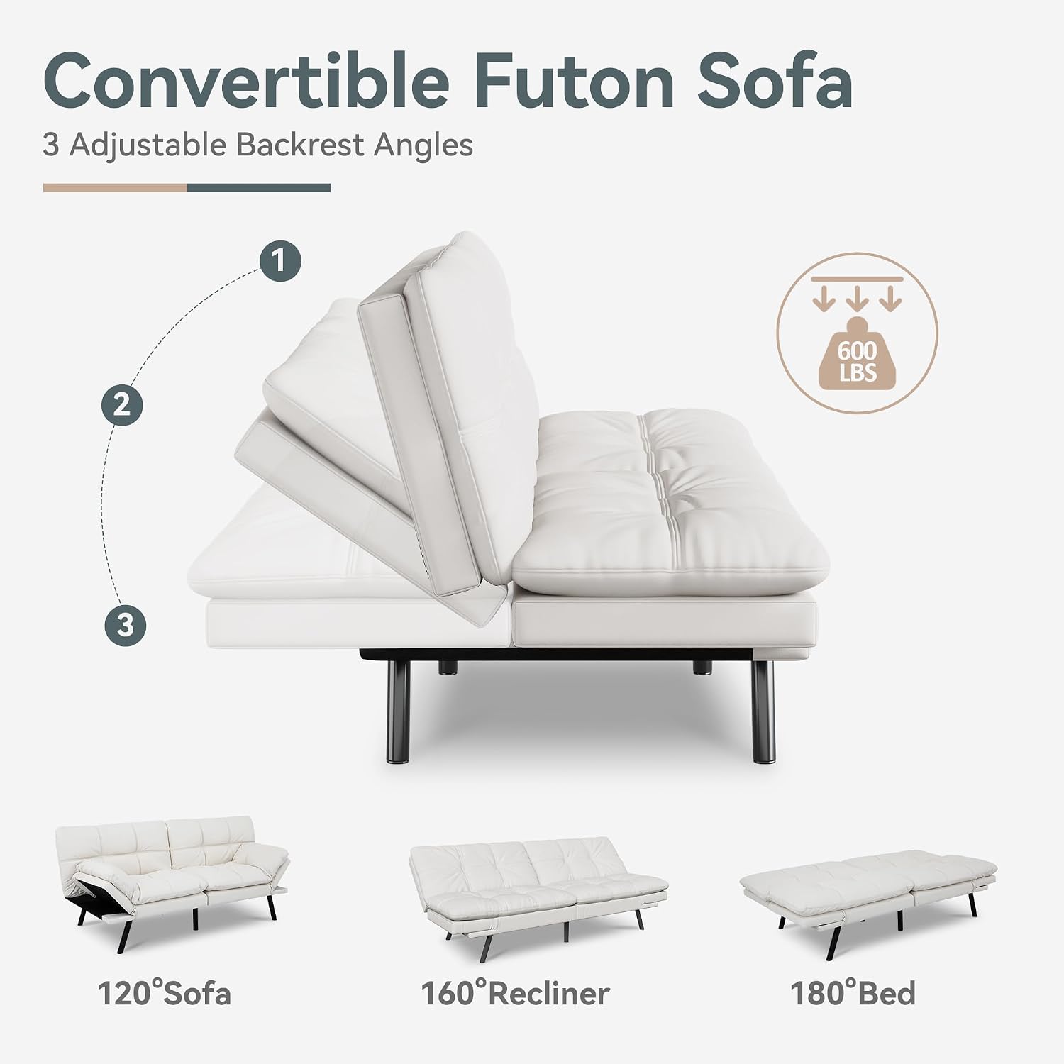 Futon Sofa Bed Convertible Couch, White Faux Leather Sofa Bed with Memory Foam, Adjustable Backrest & Armrests, Multifunctional Small Loveseat Sleeper Sofa for Living Room, Apartment, Office