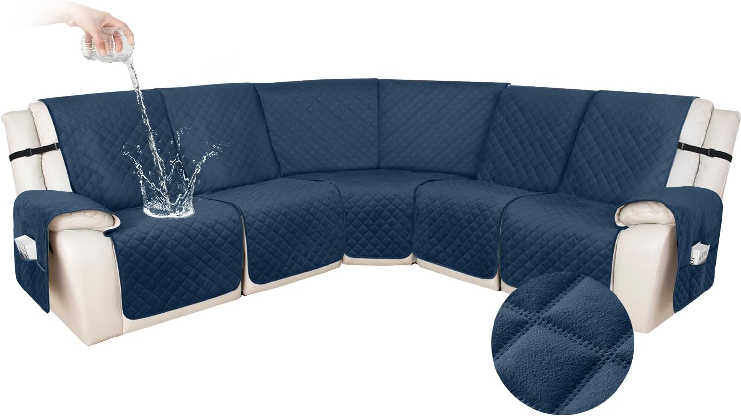 HDCAXKJ 100% Waterproof Velvet Recliner Sectional Couch Covers L Shaped Corner Reclining Sofa Cover Washable Thick Non Slip Sectional Slipcover with Pockets (5 Seat Recliner Couch, Dark Blue)