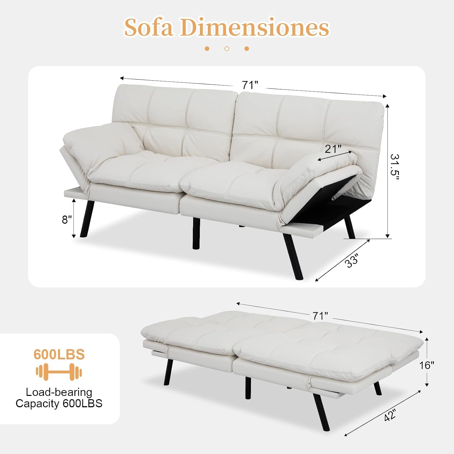 Opoiar Futon Sofa Bed Modern Memory Foam Sleeper Sofa Convertible Couch Adjustable Armrest&Backrest Black Leather Futon for Living Space,Apartment,Office Sofabed
