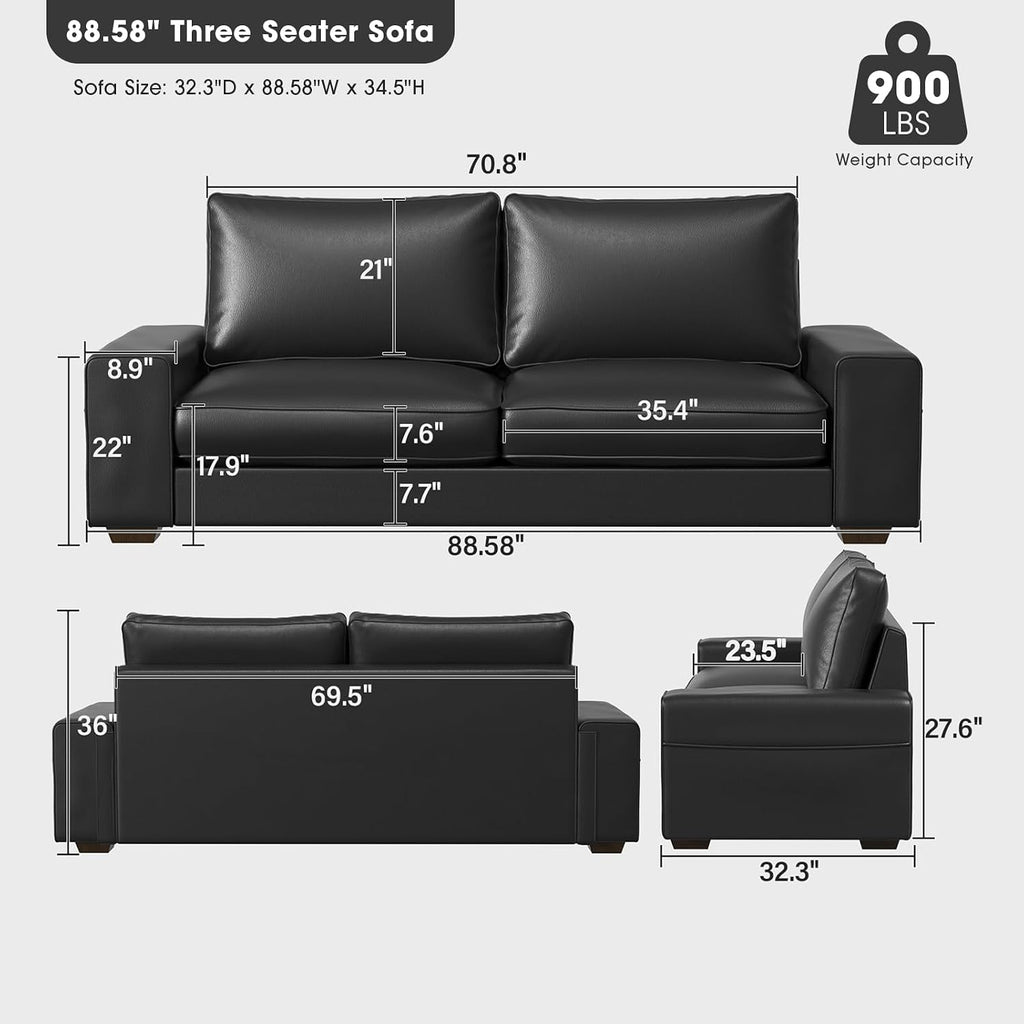 Valthie Faux Leather Couch, Mid Century Modern Comfy Loveseat Sofa with Wide Arm, Side Pockets, Solid Wooden Frame for Office, Living Room and Bedroom, 3 Seater (Black, 88.58 inches)