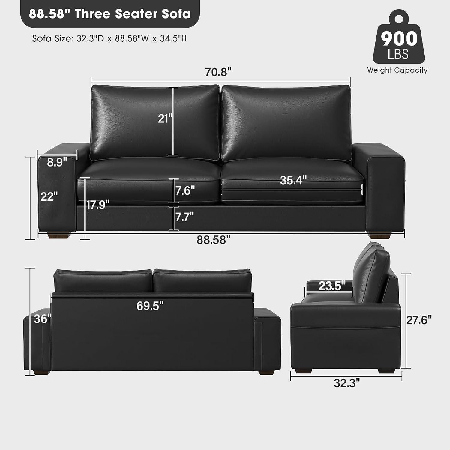 Valthie Faux Leather Couch, Mid Century Modern Comfy Loveseat Sofa with Wide Arm, Side Pockets, Solid Wooden Frame for Office, Living Room and Bedroom, 3 Seater (Black, 88.58 inches)